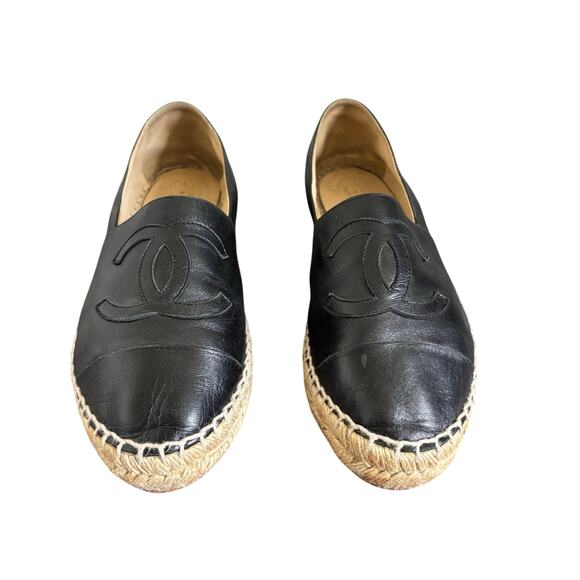 Chanel Interlocking CC Cap Toe Espadrille Shoes Black Leather Flats Size EU 38 - Picture 2 of 16